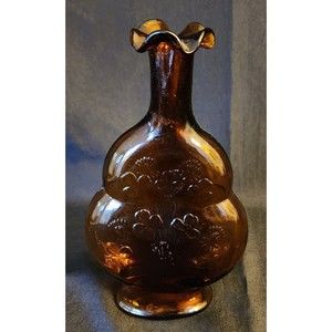 Vintage Amber Glass Bottle Vase Ruffled Mouth with Shamrock Clover Design